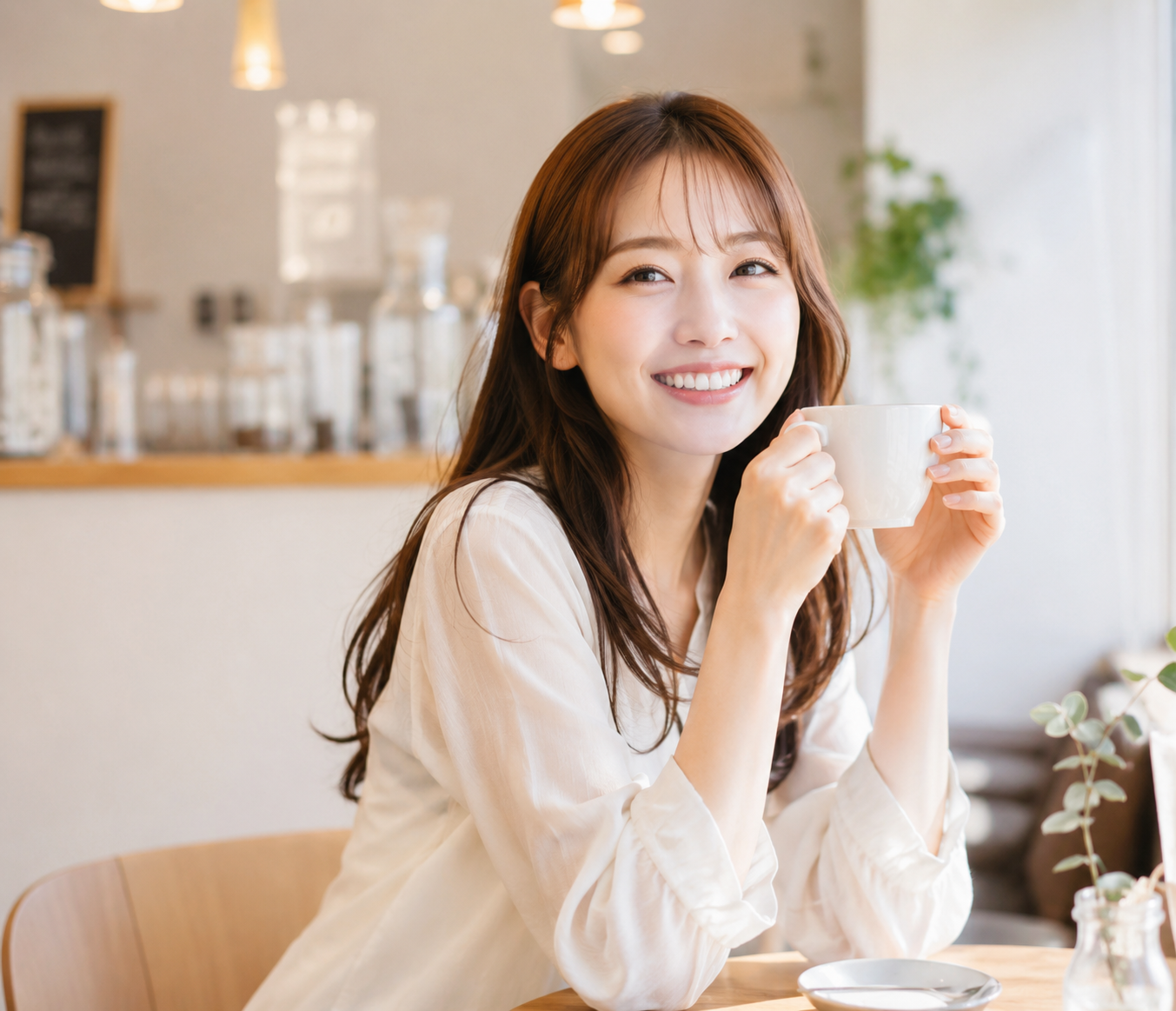 ホワイトニング後にカフェで過ごす女性イメージ