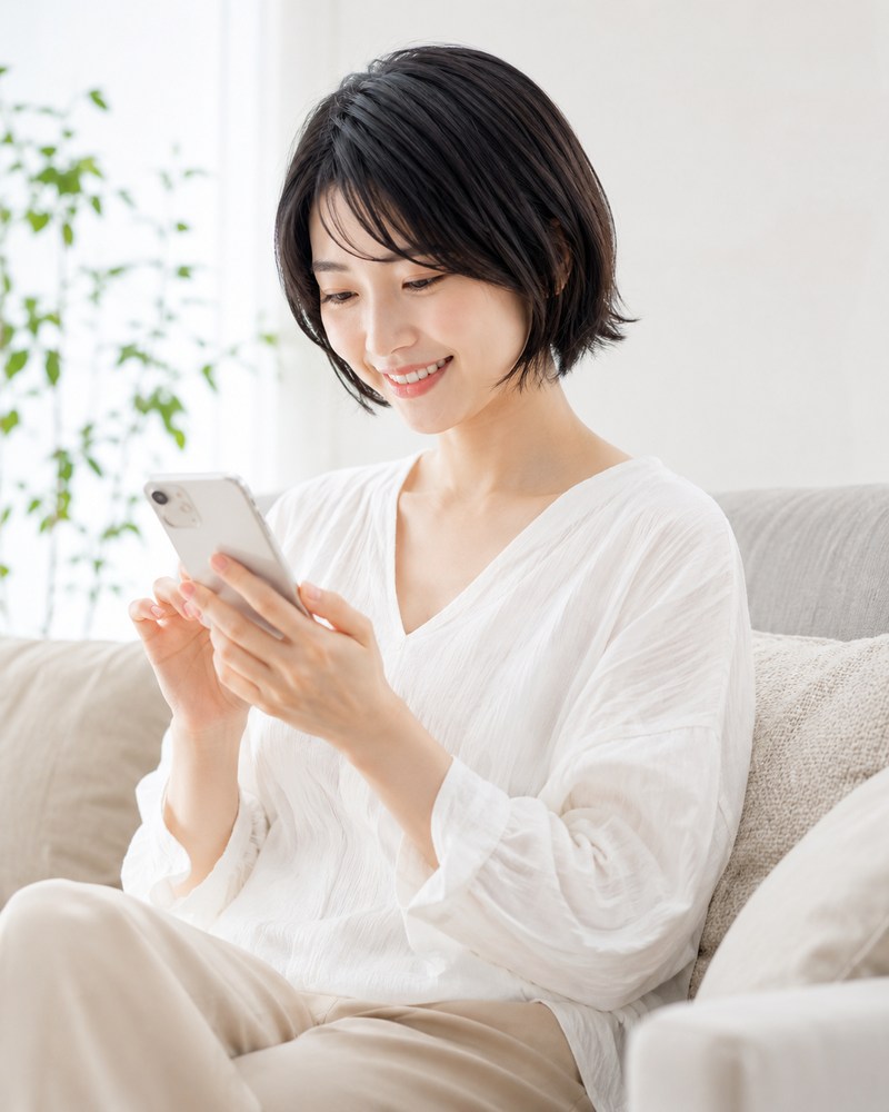 スマートフォンでWhity渋谷店のWEB予約をする女性