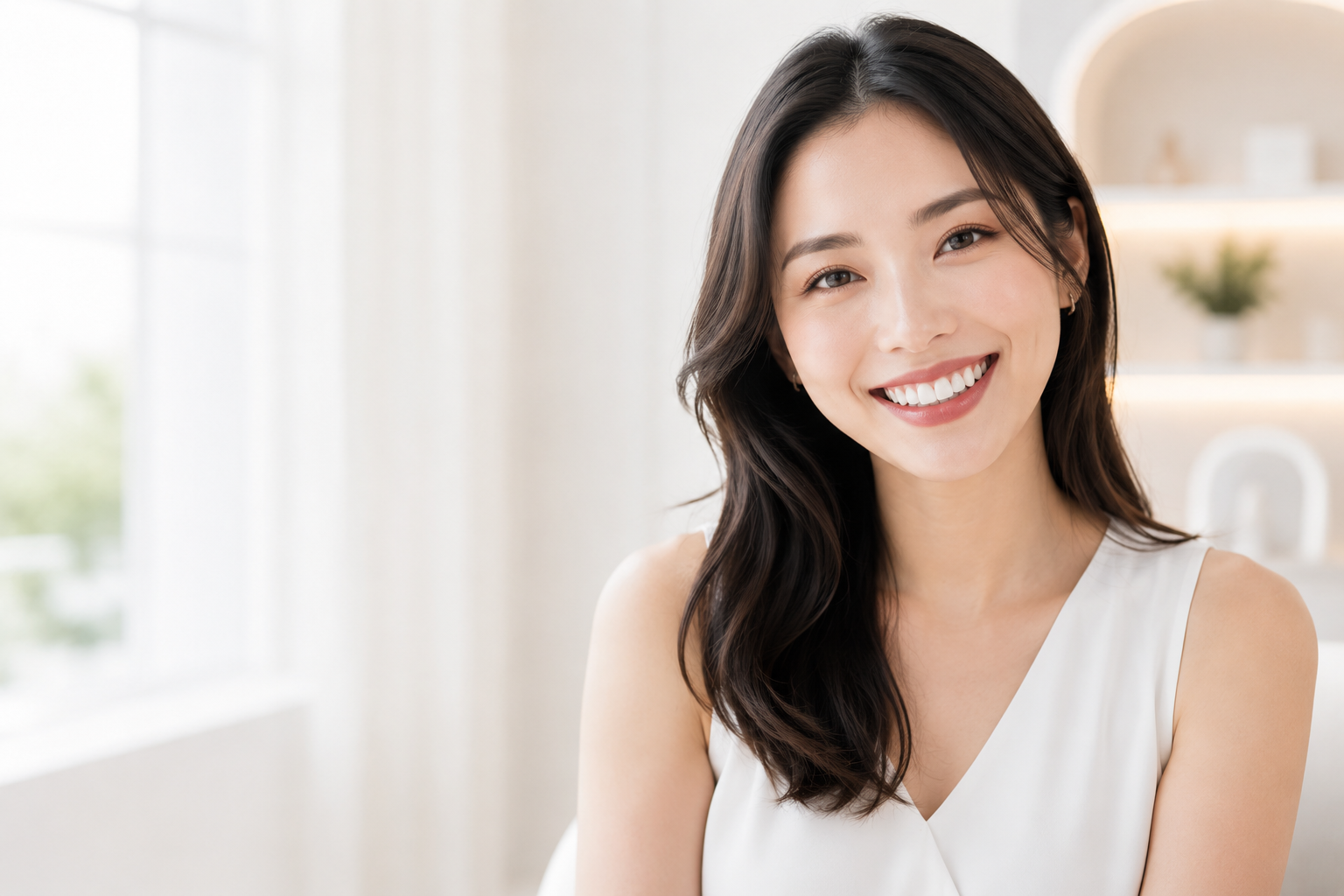 セルフホワイトニング後に白い歯を見せて微笑む女性